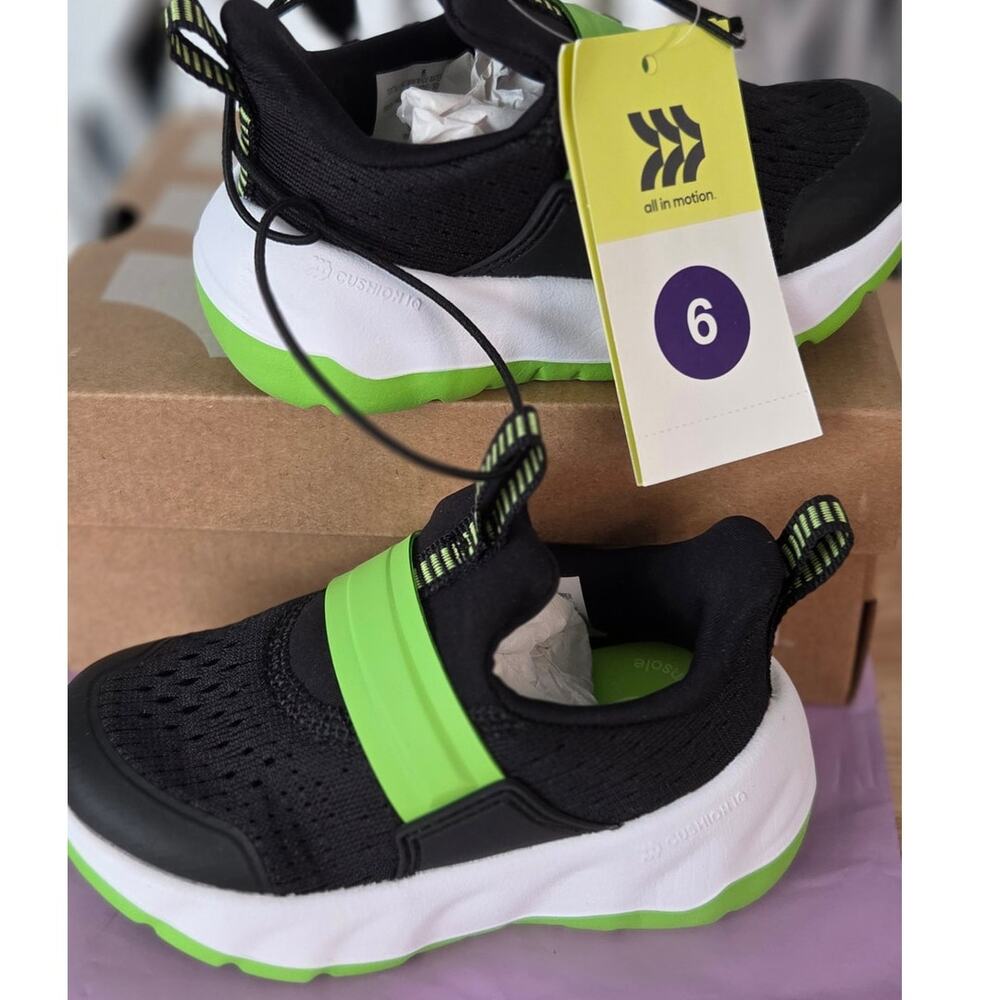 All In Motion Toddler Sneakers Size 6 Black Green Slip On Athletic Shoes NWT